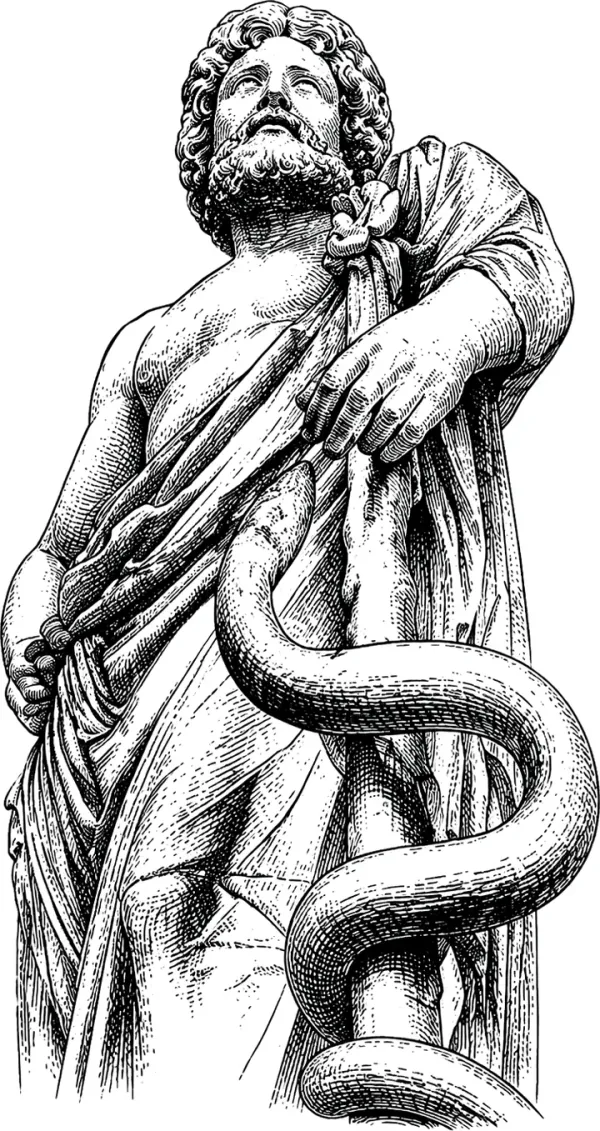 Ilustración a tinta de la estatua de Asclepio, dios griego de la medicina, sosteniendo su bastón con la serpiente entrelazada.